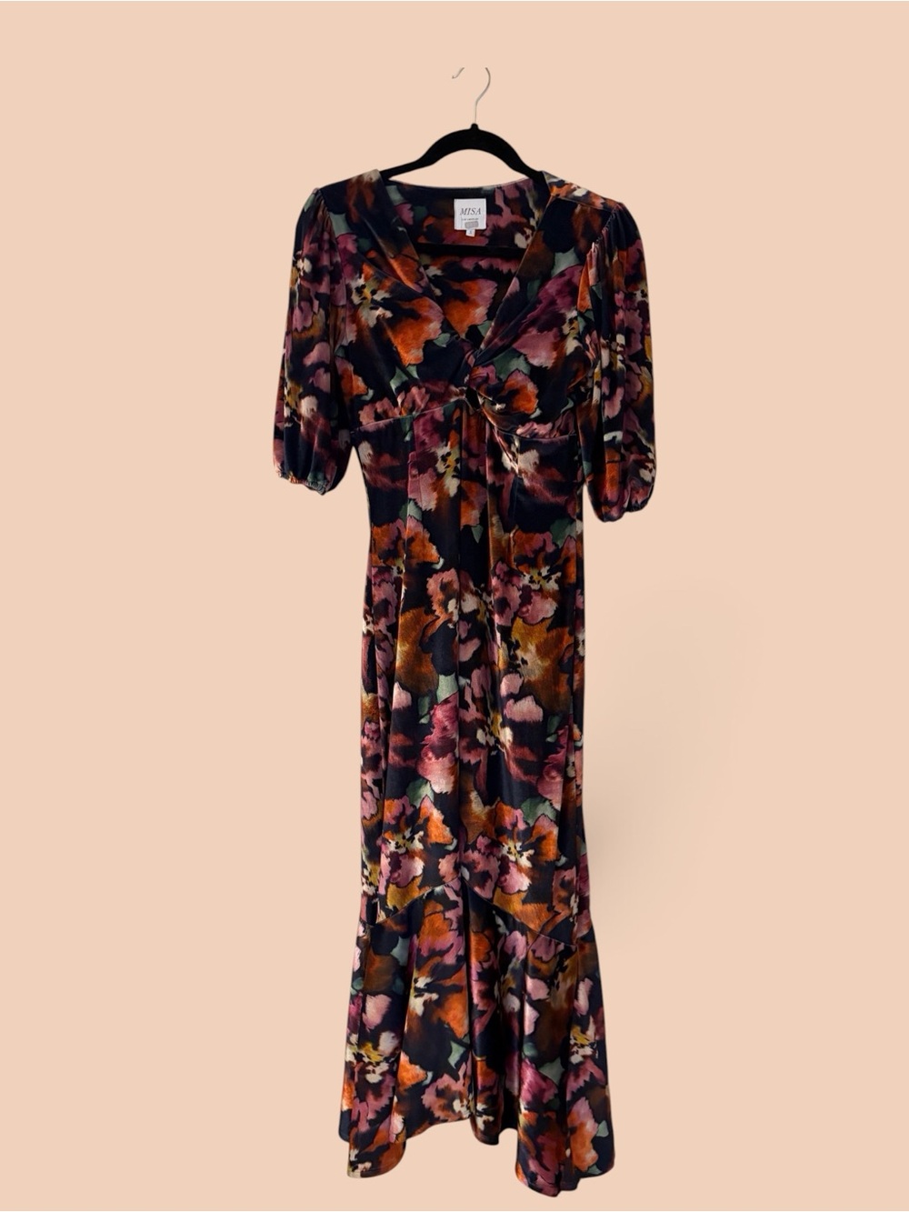Misa Los Angeles Floral Midi Dress in Black, Burgundy & Rust